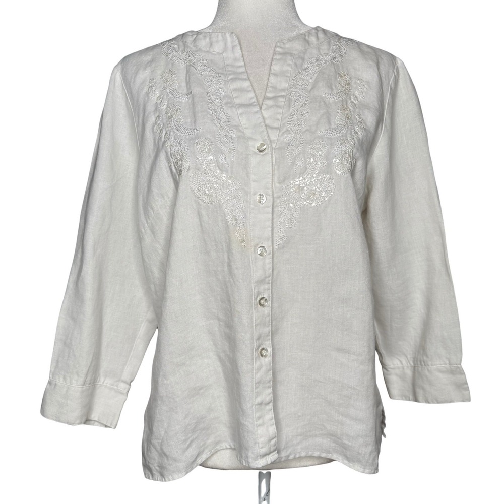 Richard Malcolm L White Linen Embroidered Sequin Western Style Button Up Top